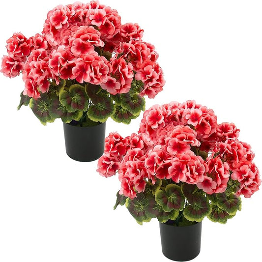 lovemoon 2Set Geranium Potted Artificial Flowers,Fake Geranium Plants for Outdoor Home Décor Office Tables Porch Garden Decor (2, Peach)