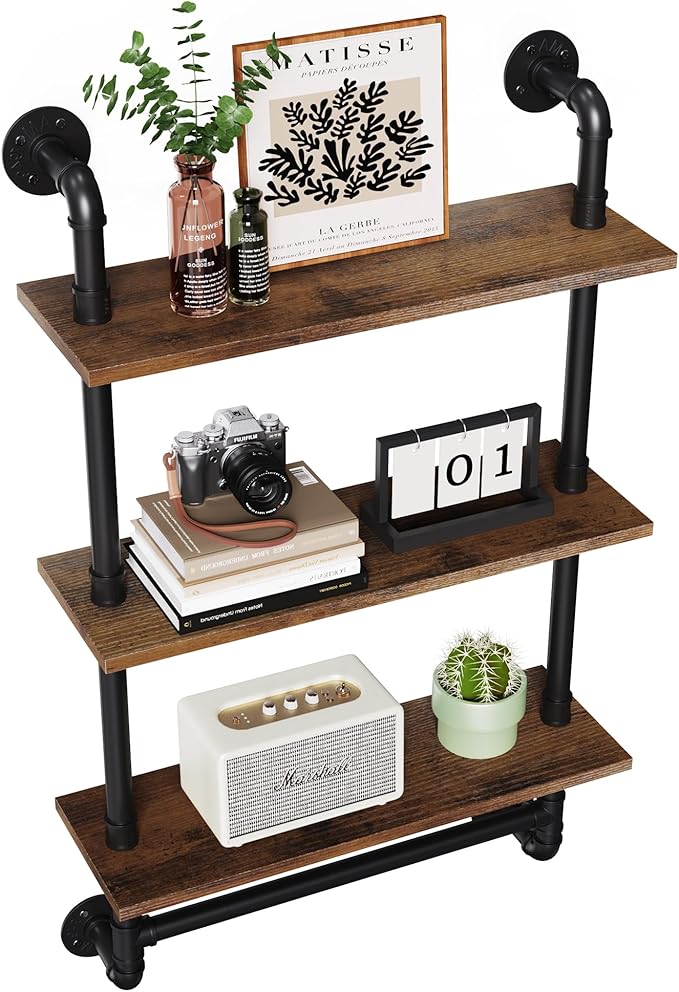 Merapi 24" Industrial Floating Shelves with Tower Bar, Pipe Shelves for Wall, 3 Tier Rustic Wood Wall Shelves for Home Décor, Bedroom, Living Room, Bathroom