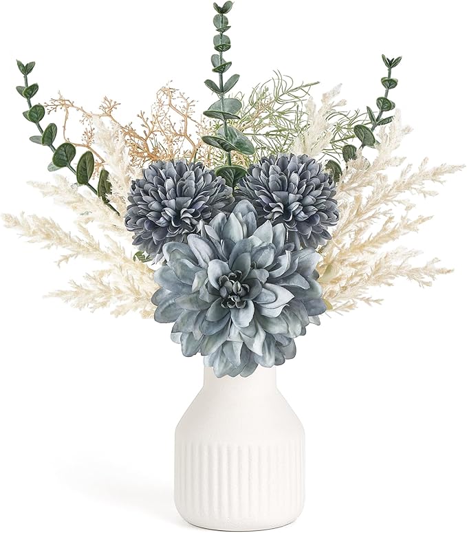 Mkono Small Artificial Flowers in Ceramic Vase 12.5" Centerpieces Coffee Table Decor, Silk Flower Arrangements for Home Decor Indoor Fake Flower Bouquet for Bathroom Dining Room Kitchen Wedding Blue