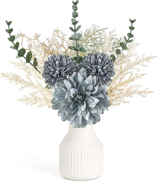 Mkono Small Artificial Flowers in Ceramic Vase 12.5" Centerpieces Coffee Table Decor, Silk Flower Arrangements for Home Decor Indoor Fake Flower Bouquet for Bathroom Dining Room Kitchen Wedding Blue