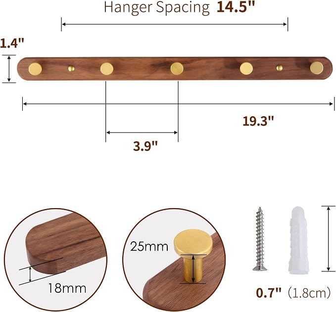 Wall Mounted Coat Rack, Entryway Hanging Coat Rack, Metal Wood Coat Rail with 5 Rustic Hooks Rail for Coat, Scarf, Bag, Towel, Key, Cap, Hat, Walnut Gold Matt