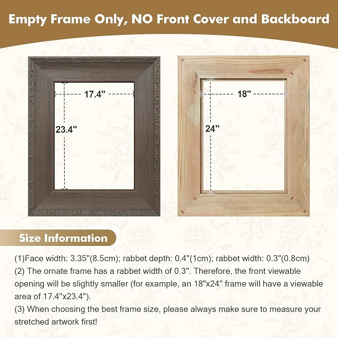 Classical DIY Wood Plein Air Frame for 24x32 Handmade Oil Paintings Vintage Prints, 3.3" Wide Embossed Art Frame for Artists Exhibition Gallery Show Memorial Portrait, No Glass & Back (Gray)