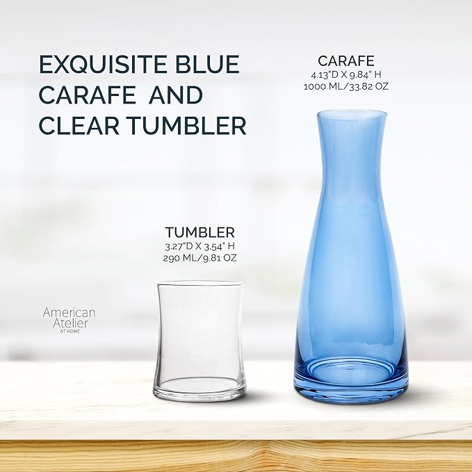 American Atelier 33 oz Bedside Water Carafe with Tumbler – 9" Glass Pitcher with Cup Lid for Nightstand, Guest Room & Office, Smooth Glass Design, Functional & Stylish Drinkware (Blue)