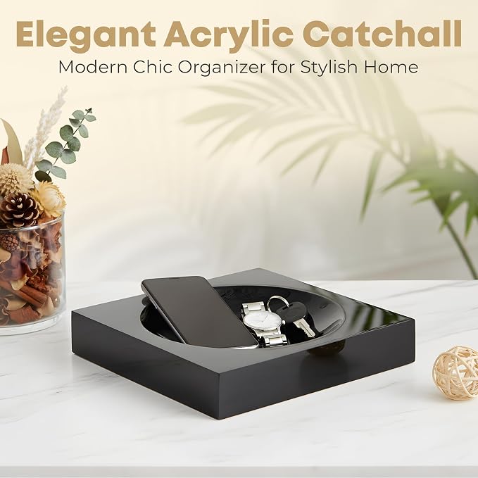 Black Acrylic Catchall Tray - Decorative Jewelry Dish & Vanity Organizer for Keys, Rings, Earrings | Modern Minimalist Home Decor for Dresser, Nightstand, Entryway