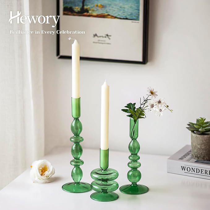 Hewory Glass Candlestick Holders: Light Green Taper Candle Holders Set of 3 Vintage Candle Stick Candle Holder, Colorful Glass Candle Holder for Table Centerpiece Wedding Dinner Party Home Decor