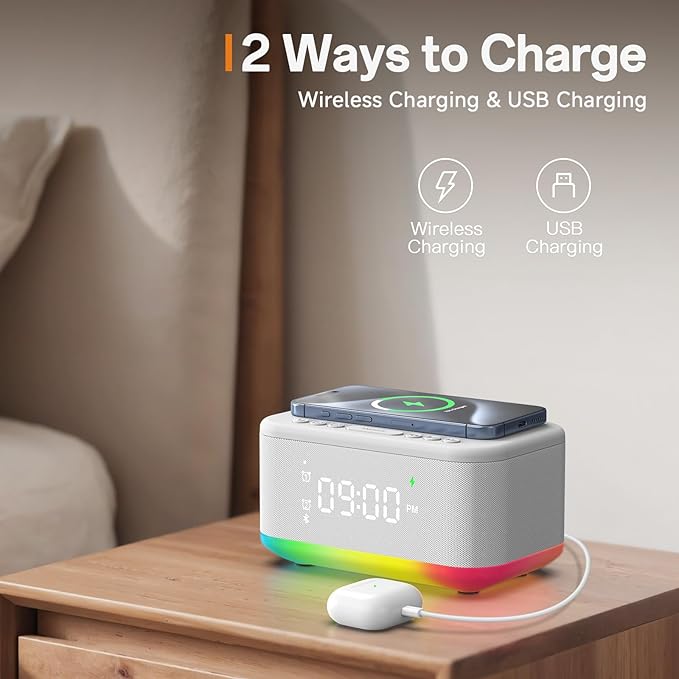 Wireless Charging Alarm Clock Bedroom, Digital Alarm Clocks Bedrooms Bluetooth, Loud Bluetooth Speaker Alarm Clock Night Light Dual Alarm Snooze 12/24H Dimmer Bluetooth AUX USB Charging, White
