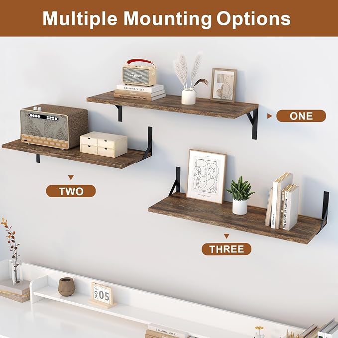 Long Wall Shelves, 48" W x 12" D Large Floating Shelves Set of 2, Wide Display Wood Shelf Wall Mounted with Heavy-Duty Metal Brackets for Bedroom Books, Living Room, Kitchen, Rustic Brown