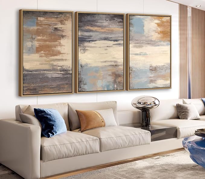Large Framed Canvas Wall Art - Natural Float Framed Colorful Pictures for Living Room Decor Contemporary Brown Beige Grey Lines Artwork for Bedroom Kitchen Home Office Decoration 60" X 28" Set of 3
