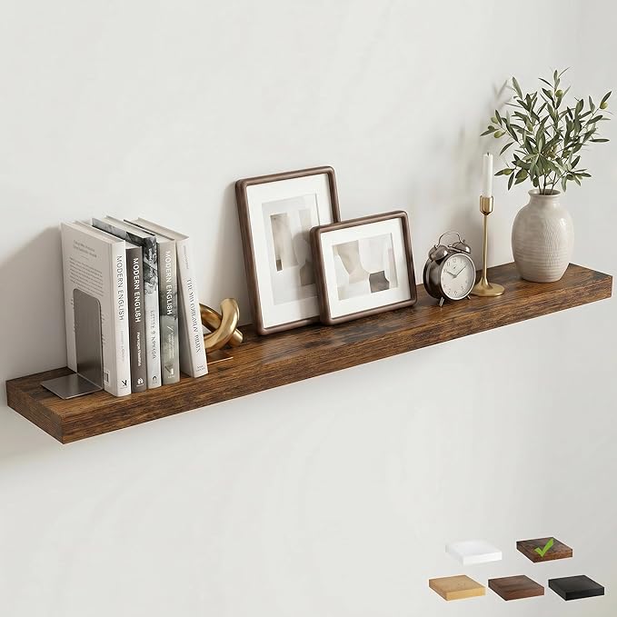 55 Inch Floating Shelves for Wall, 8"D Wood Storage Shelves, Brown Finish | Engineered Wood, Invisible Bracket, Large Storage, Easy Install, Hold Up to 88lbs, Living Room, Bathroom, Bedroom, Kitchen