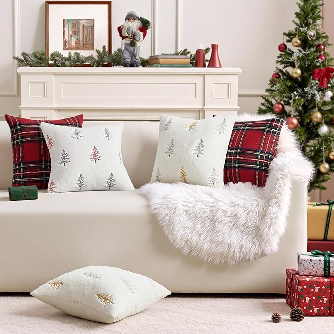 MIULEE Christmas Decorative Pillow Covers Set of 2 Faux Fur Throw Pillows with Embroidered Christmas Tree 18x18 Inch White Gold Winter Couch Covers for Festival Sofa Bedroom Living Room Home Decor