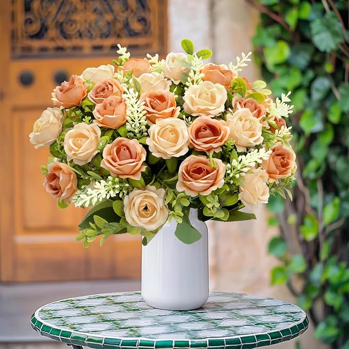 TURNMEON 40 Heads Fake Roses Artificial Flowers for Outdoors, 4 Bouquets UV Resistant Fake Flower Bouquet Faux Silk Roses for Wedding Birthday Home Mother's Day Cemetery Summer Decor(Vintage Coffee)