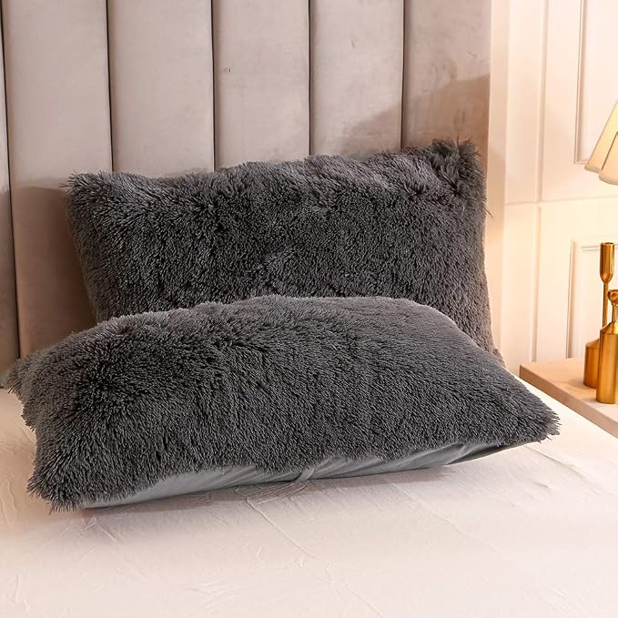 Faux Fur Velvet Fluffy Bedding Duvet Cover Set Down Comforter Quilt Cover with Pillow Sham, Ultra Soft Warm (Twin, Dark Gray)
