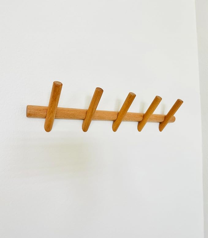Modern 5-Hook Wooden Coat Rack, Decorative Coat Rack wall Mount for Bags, Hats, Purse, Heavy Duty, Sturdy, Natural Oak, wall Mounted Hooks