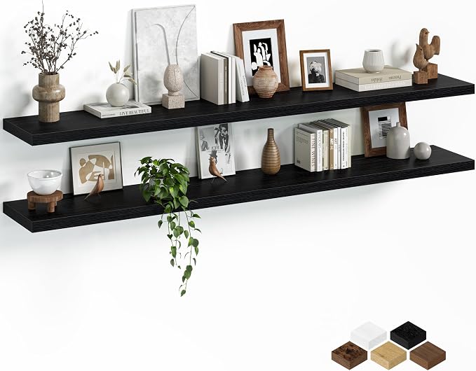 Fun Memories Floating Shelves for Wall, 66 Inch Long Set of 2 Rustic Wood Wall Shelves with Invisible Brackets, Heavy Duty Storage Display for Living Room Bedroom Kitchen, Black