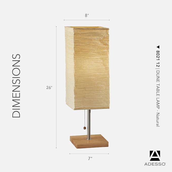 Adesso 26” Table Lamp with Natural Wood Base, Brushed Steel Finish & Crinkle Paper Shade – Perfect Lighting for Bedroom, Living Room and Corner Decor, Beige