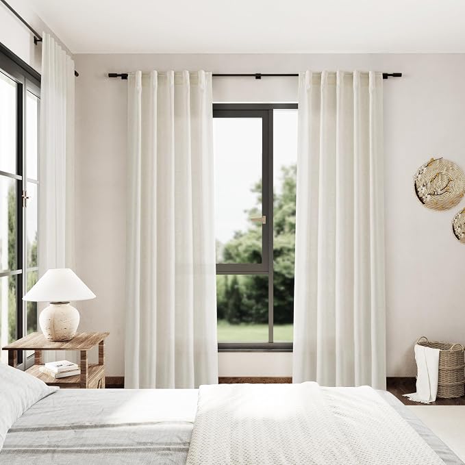 Nanspring Cream Kitchen Linen Curtains 84 Inch Length 2 Panels Back Tab Pocket Linen Textured Light Filtering Neutral Boho Farmhouse Curtain for Bedroom Bathroom 36Wx84L