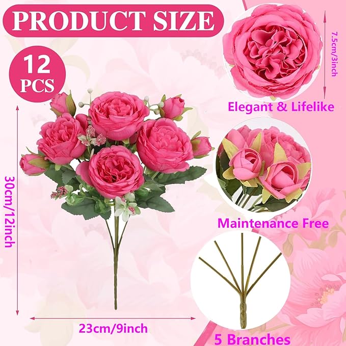 Peonies Artificial Flowers 12 Bundles Pink Flowers Bouquet, Lifelike Silk Fake Peonies with Stems for Home Table Centerpieces, Wedding, Party & DIY Bridal Floral Arrangements (Rose red)