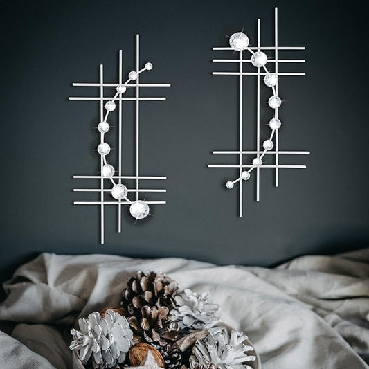 ZEXUIRU 2 Pack Silver Abstrac Wall Decor – Metal Crystal Wall Art with Sparkling Rhinestones, 16.5’’/24 Inch Wall Hanging Set for Living Room Bedroom Bathroom – Modern Bling Home Decorations