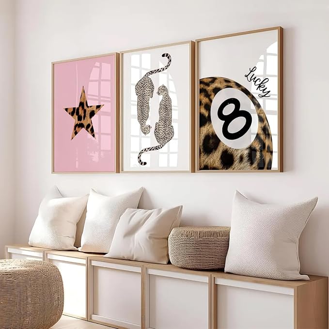Leopard Wall Art Cheetah Canvas Prints Lucky 8 Ball Wall Decor Fashion Leopard Poster Aesthetic Pictures Trendy Cheetah Painting Preppy Artwork for Living Room Bedroom 12x16 Inch Unframed Set of 3