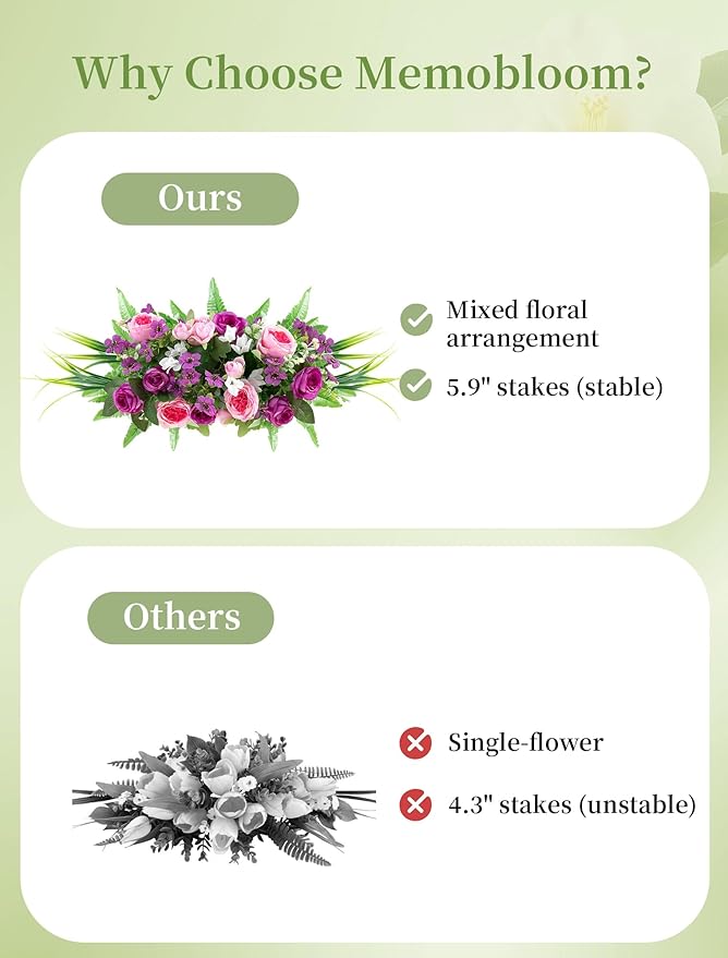 Artificial Cemetery Flowers with Stake: 1Pc Purple Roses Pink Peonies Realistic Memorial Day Grave Flowers for Cemetery - Outdoor Grave Decorations Funeral Arrangements