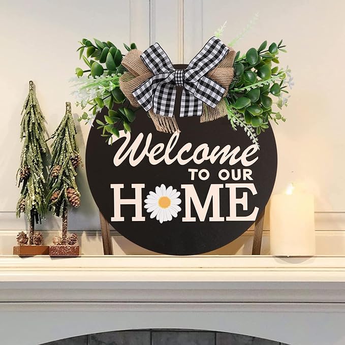 Interchangeable Welcome Sign for Front Door Decoration with 4 Seasonal Wreaths and 14 Holiday Icons, Black Welcome Door Hanger, Rustic Wooden Front Porch Sign Home décor（Black）