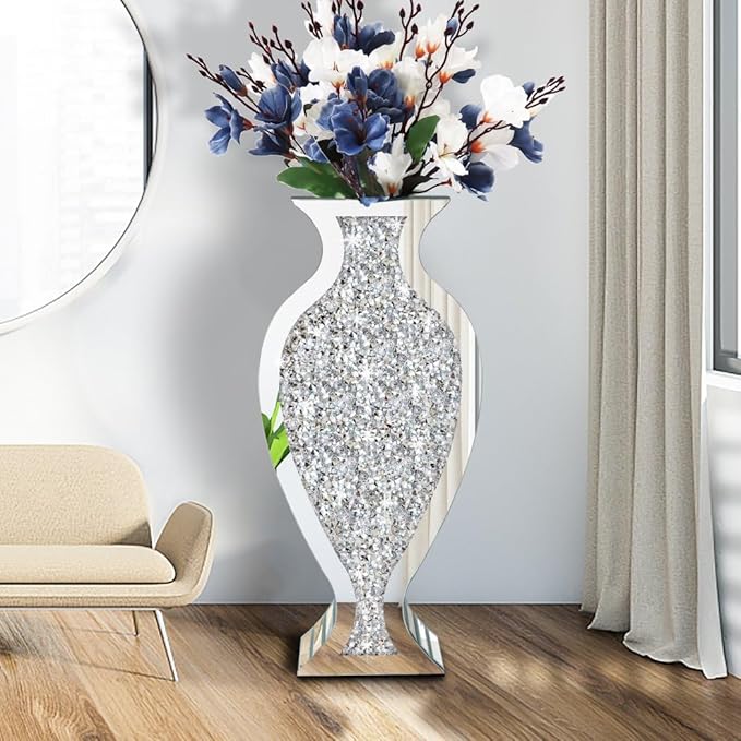 Allartonly Tall Floor Vase S Crushed Diamond Mirrored Vase 27” Tall, Crystal Silver Glass Decorative Mirror Large Vase Luxury for Home Decor Flower Arrangement Can’t Hold Water.