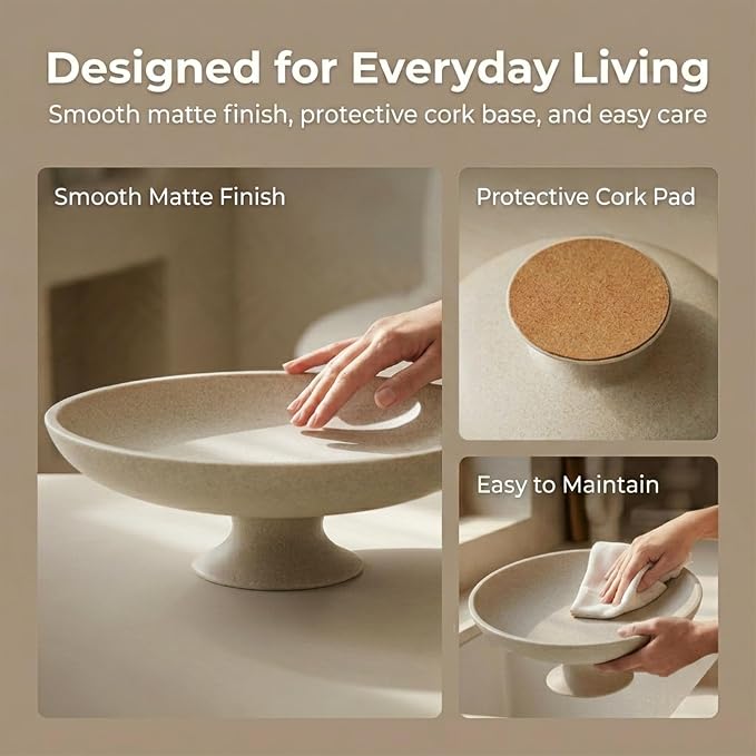 Beige Decorative Fruit Bowl, 11.45" Large Modern Pedestal Bowl for Kitchen Counter, Coffee Table, Entryway Table, Centerpiece Catch All Key Bowl