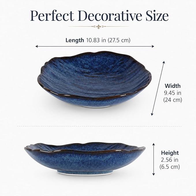 Blue Ceramic Decorative Bowl, 10.8in Navy Centerpiece Bowl for Coffee Table