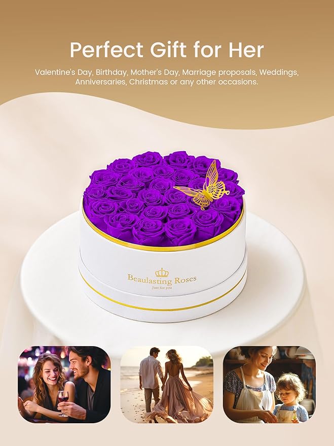 27 Preserved Roses Forever Flowers Real Roses in a Box Mother's Day Birthday Flowers for Her Mom Women Wife Valentine's Day, Purple Roses