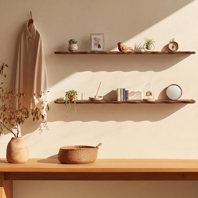 Pinkunn 2 Pcs Walnut Floating Shelves for Wall 48 Inch Wooden Wave Floating Shelf Live Edge Shelves Wall Decor for Bathroom Bedroom Living Room Office, Scalloped Mounted Display Hanging Shelf