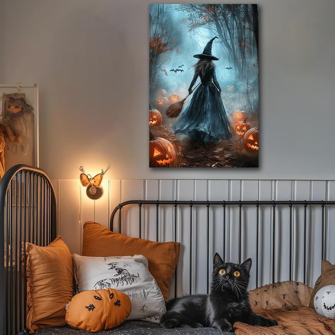 Vintage Moody Halloween Witch Artwork Wall Decor,Spooky Halloween Gothic Canvas Artwork Creepy Horror Witch with A Broom Pumpkin Bats Rustic Forest Picture,Dark Academia Poster,16"x24" Framed