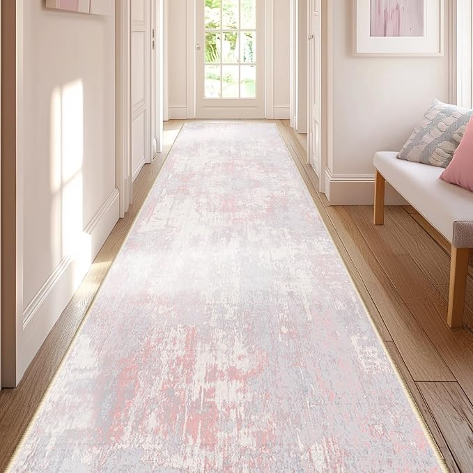 RELEANY Washable Area Rugs 2'x10' Non-Slip Modern Abstract Soft for Living Room Entryway Bedroom Nursery, Print Pattern, Grey Pink