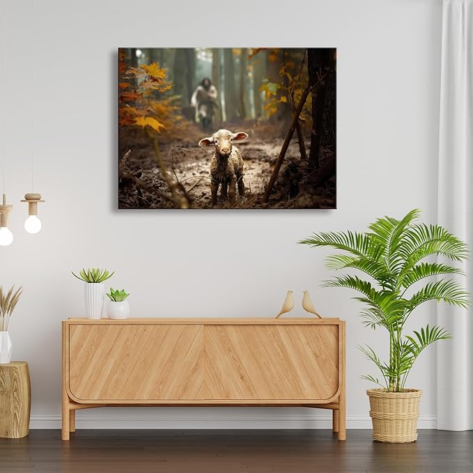 Ploceiny Extra large christian wall art for living room decor Jesus and Lamb canvas wall prints Jesus Running After Lost Lamb Picture for home decor,Religious wall decor for prayer room.A-417 (45"X30")