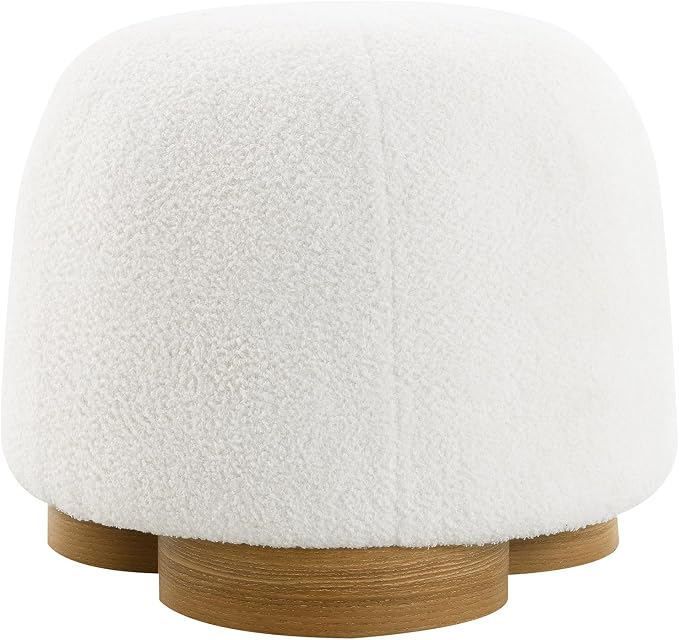 GDFStudio 20" Round Teddy Fabric Ottoman Stool, Upholstered Footrest with Foam Seat, Modern Accent Ottoman, Entryway Bedroom Vanity Stool, Fully Assembled, Metal Trim Base, White