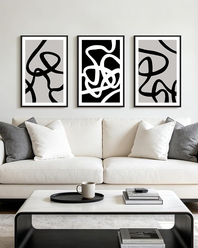 PHOPAGO Black and Gray Abstract Framed Wall Art Large 16x24in Decor Ink Wash Dark Brush Stroke Prints Modern Art Decorative Bedroom Living Room Home Decor - Black Framed