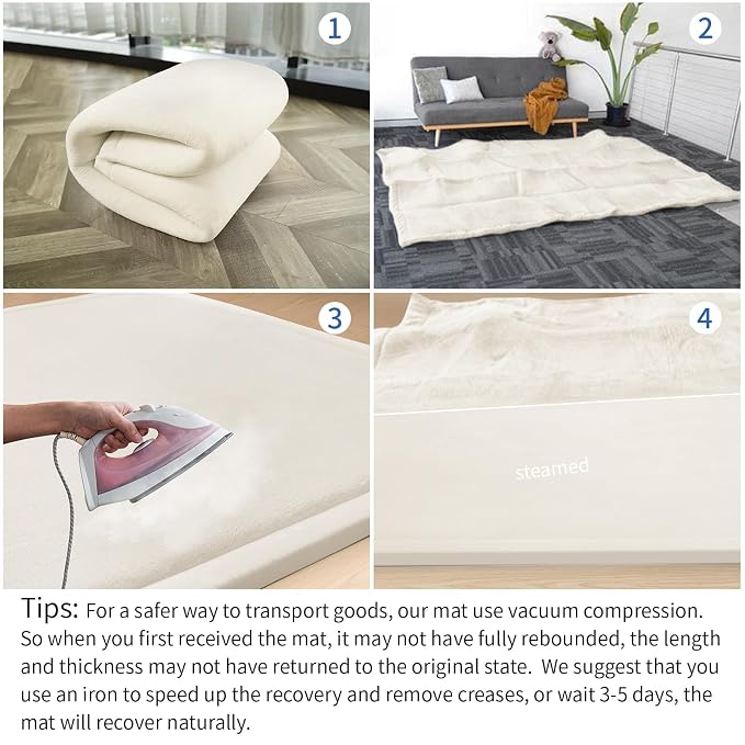 Huloo Sleep Ultra Soft Baby Play Mat for Floor, 1.3" Thick Elasti-Foam 59x59 Play Mat for Playpen,Water-Repellent Coral Velvet for Tummy Time, Non-Slip Backing,Safe for Toddlers & Infants（Cream）