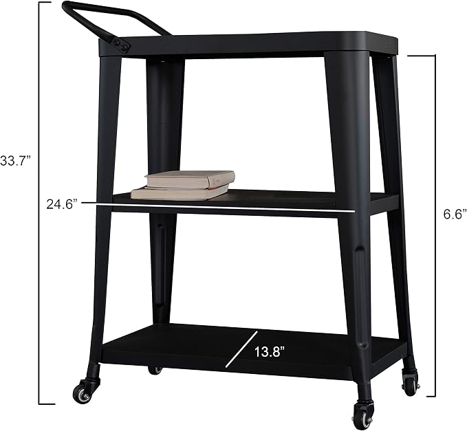 AC Pacific Harold 3-Tier Metal Rolling Cart with Swivel Rollers, Durable Utility Table on Wheels with Handle, All Metal Frame for Easy Mobility, Versatile Kitchen Stand for Bar or Serving Use, Black