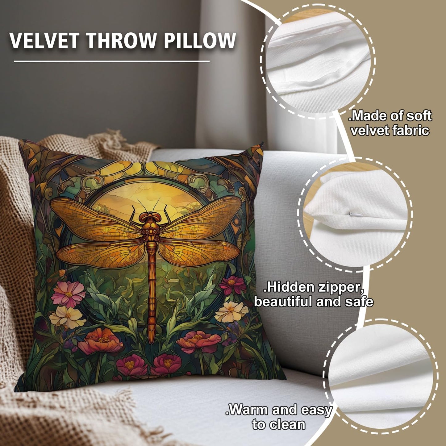 YOU FOUND ME William Morris Abstract Vintage Floral Dragonfly Design Throw Pillow Covers Home Decor, Retro Art Deco Pillowcase Cushion Cover for Bed Sofa Living Room, Square 18x18inch (Dragonfly)