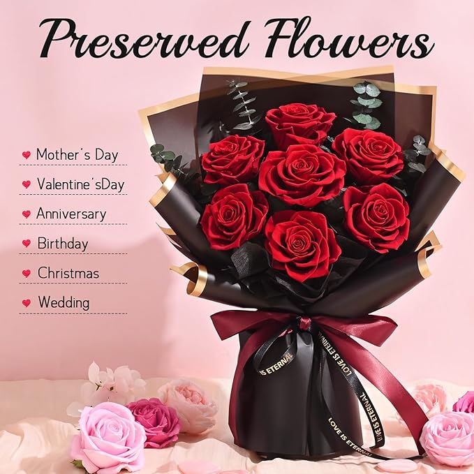 Mothers Day Flowers for Mom, Mothers Day Gifts, Flowers for Delivery Prime 7 Roses Preserved Flowers Red Roses Bouquet Birthday Gifts for Women Gf Gifts Wedding Anniversary