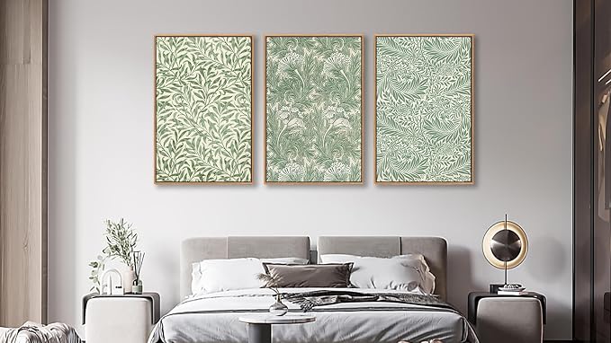 Large Flowers Wall Art for Living Room Natural Wood Float Framed Art Set of 3 William Morris Floral Canvas Pictures Vintage Artwork Green Botanical Leaf Canvas Prints for Bedroom Wall Decor 24"X36"X3