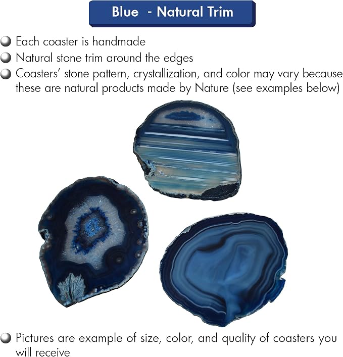 Nature's Decorations Blue Agate Stone Coasters - Set of 4, Polished Geode Drink Mats for Dining & Coffee Table & Kitchen Geode Decor Non-Toxic 3.5-4" Diameter