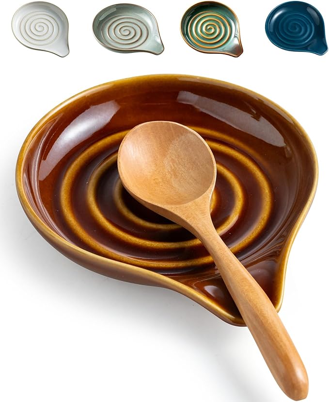 LAUCHUH Spoon Rest, 5 inches Large Ceramic Spoon Rest for Stove Top Cooking Spoon Holder for Kitchen Counter Spatula Holder for Tongs, Ladle, Fork, Heat-Resistant, Dark Brown