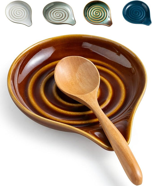 LAUCHUH Spoon Rest, 5 inches Large Ceramic Spoon Rest for Stove Top Cooking Spoon Holder for Kitchen Counter Spatula Holder for Tongs, Ladle, Fork, Heat-Resistant, Dark Brown
