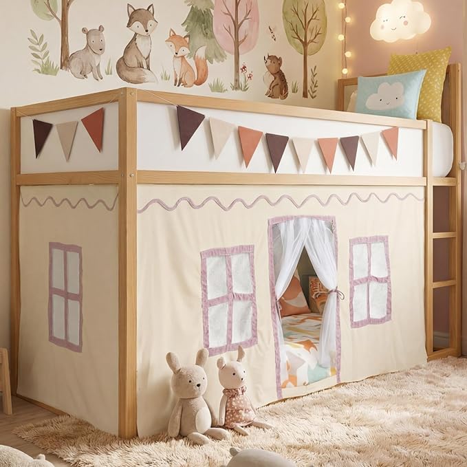 Breling 3 Panel Bunk Bed Curtains for Bottom Loft Bed Tent Set with Felt Flag Double-Layer Twin Bunk Curtains Playhouse Accessories for Boy Girl Bedroom(Cream)