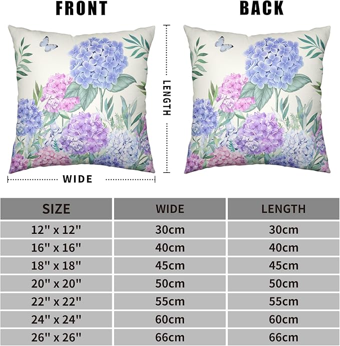 Hydrangea Pillow Covers 24x24 Set of 2 Spring Flowers Outdoor Pillow Covers Blue Purple Hydrangea Eucalyptus Throw Pillowcase Cotton Linen Cushion Case for Sofa Outdoor Patio