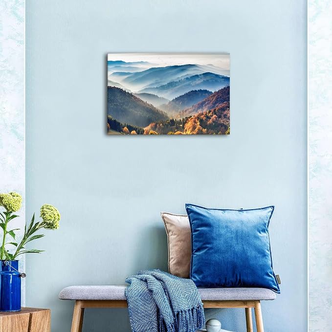 Foggy Mountain Wall Art Canvas Misty Forest Picture Wall Decor for Living Room Nature Landscape Painting Modern Artwork Framed American National Park Posters Bedroom Office Home Decorations 12x16