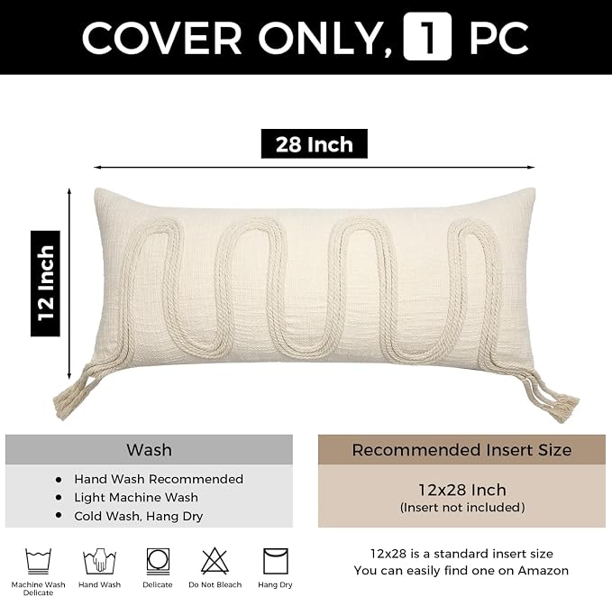 Beige Decorative Lumbar Pillow Cover 12x28, Handwoven Boho Long Body Pillowcase, Farmhouse Linen Cotton Pillow Cushion Case for Sofa, Bed, Living Room, Bedroom
