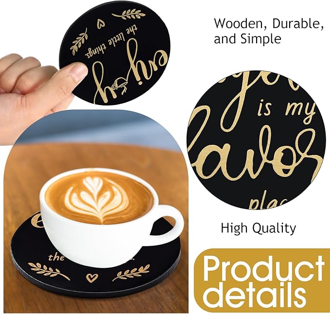 Queekay Coasters Set of 6 House Warming Gifts New Home Wooden Farmhouse Drink Coasters with Holder 4'' Funny Decoration for Kitchen Family Coffee Bar Tabletop Protection(Black Gold)