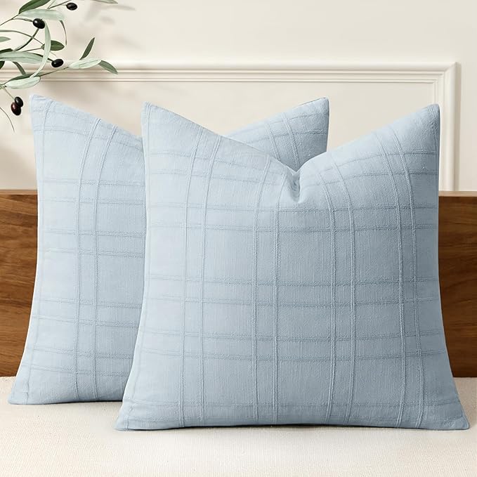 MIULEE Decorative Linen Check Euro Shams Throw Pillow Covers Neutral Farmhouse Vintage Pillow Covers 22x22 Set of 2 Boho Modern Home Decor for Sofa Couch Bedroom Cushion Coastal Blue