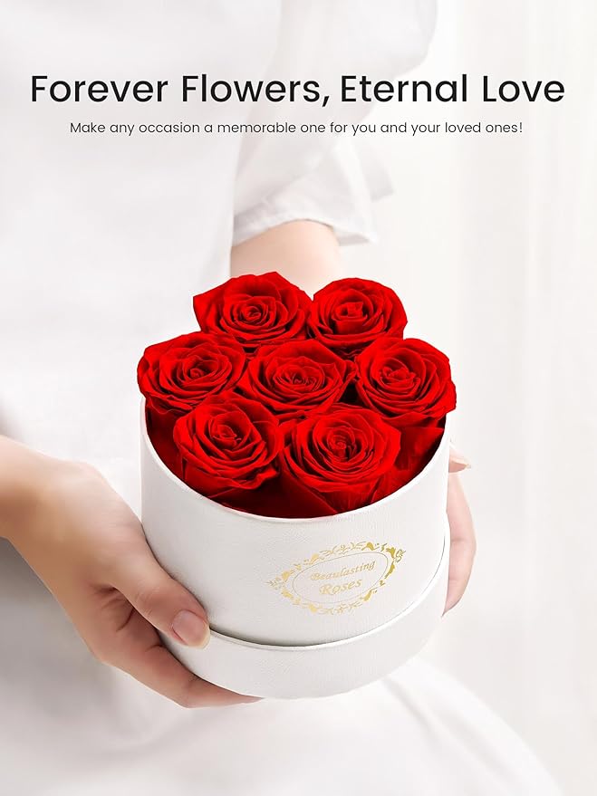 Beaulasting Long Lasting Preserved Roses in a Box Last a Year Forever Flowers for Her Mom Wife Anniversary Birthday (Round White Box)
